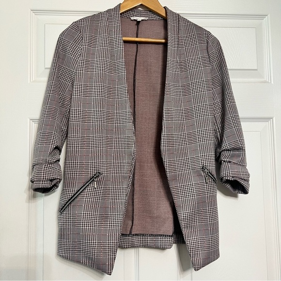 Plaid Open Front Blazer with Zipper Pockets - Picture 1 of 5
